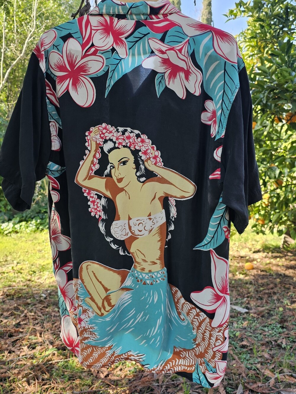 Vintage Avanti Hawaiian 100% Silk Aloha Club Shirt Hula Girl Print Mens L